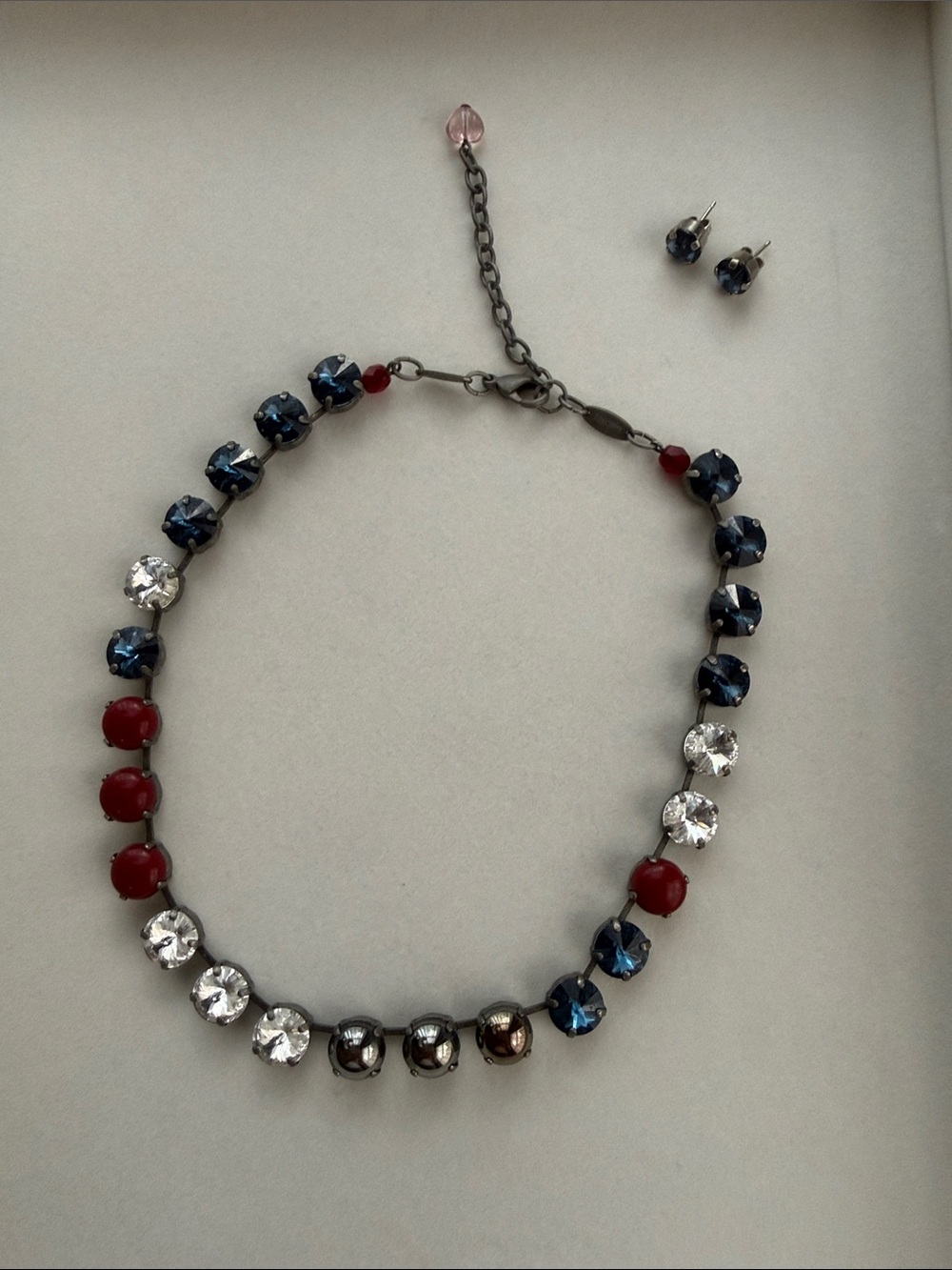 Sabika Navy Blue, Red & Clear Crystal Necklace with Stud Earrings 🇺🇸